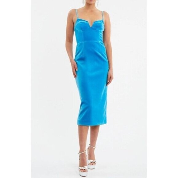 Rebecca Vallance Dress Blue Bernadette Velvet Pencil Midi Cocktail NWT Size 6 - Picture 1 of 11